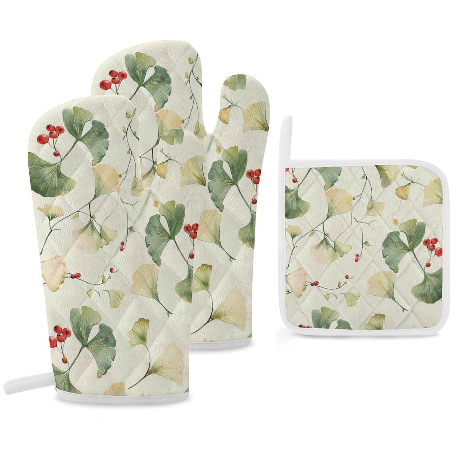 Oven Mitts And Pot Holders Sets of 3 Heat Resistant BBQ Gloves Ginkgo Leaves And Berries Oven Mitts Gloves Non-Slip Kitchen Mittens Potholders for Cooking Baking Grilling BBQ Microwave