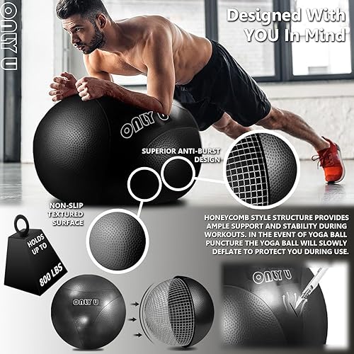 Miniatura 4 de only U Pelota de yoga premium, pelota de ejercicio, pelota de fitness, equilibrio y estabilidad, tamaño de 25.6 in, PVC ecológico, antiestallido,
