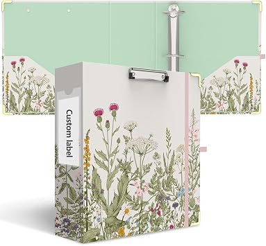 3 Ring Binder 3 Inch, Cute Decorative Hardcover Low Profile Clipboard with Storage, 3 Round Ring Binders for Letter Size Paper, Durable Binder Organizer for School Office SuppliesGarden Flowers