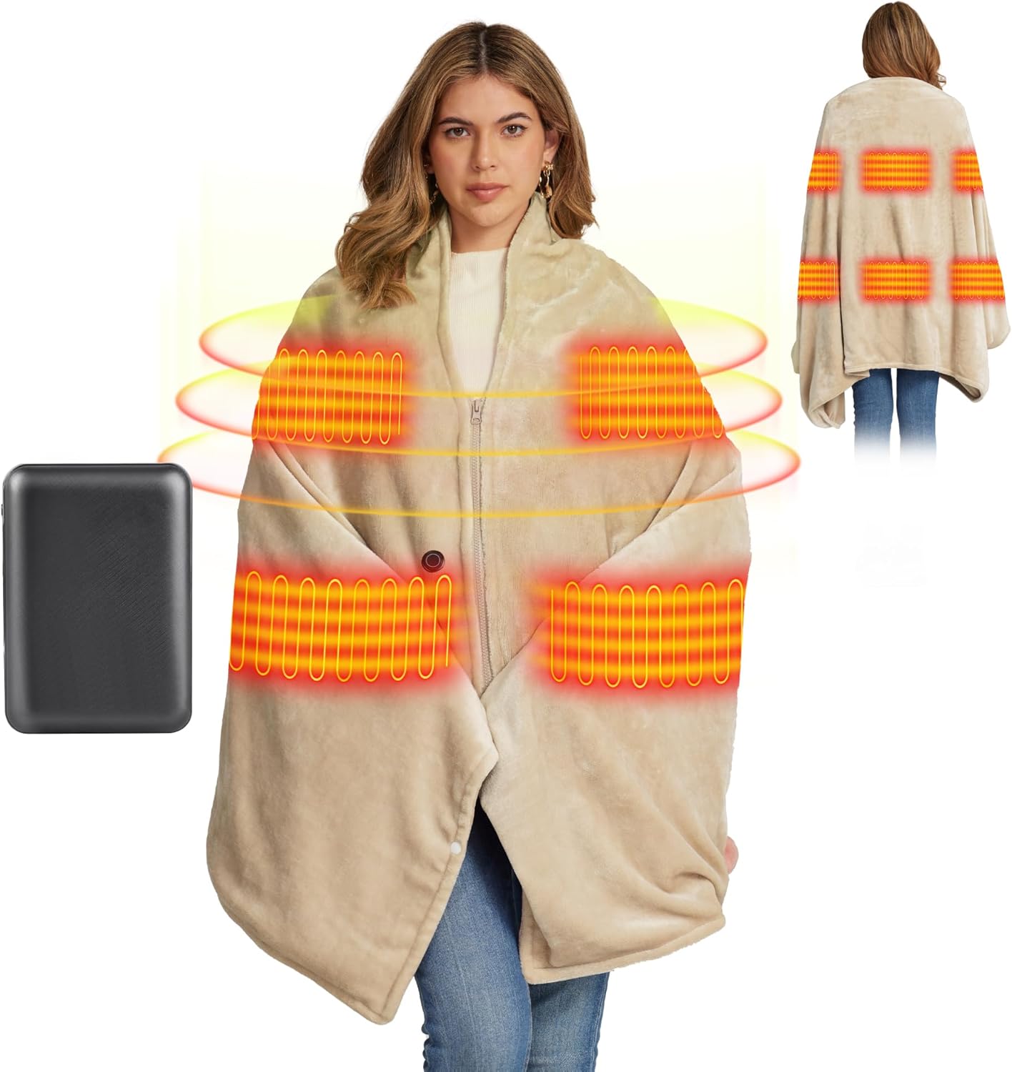 Heated Blanket Battery Operated 75″ x 35.5″ Soft Cordless Heated Blanket Shawl Portable Heated Throw Blanket Poncho Wraps Fast Heating with 3 Heat Levels 6 Heating Zones