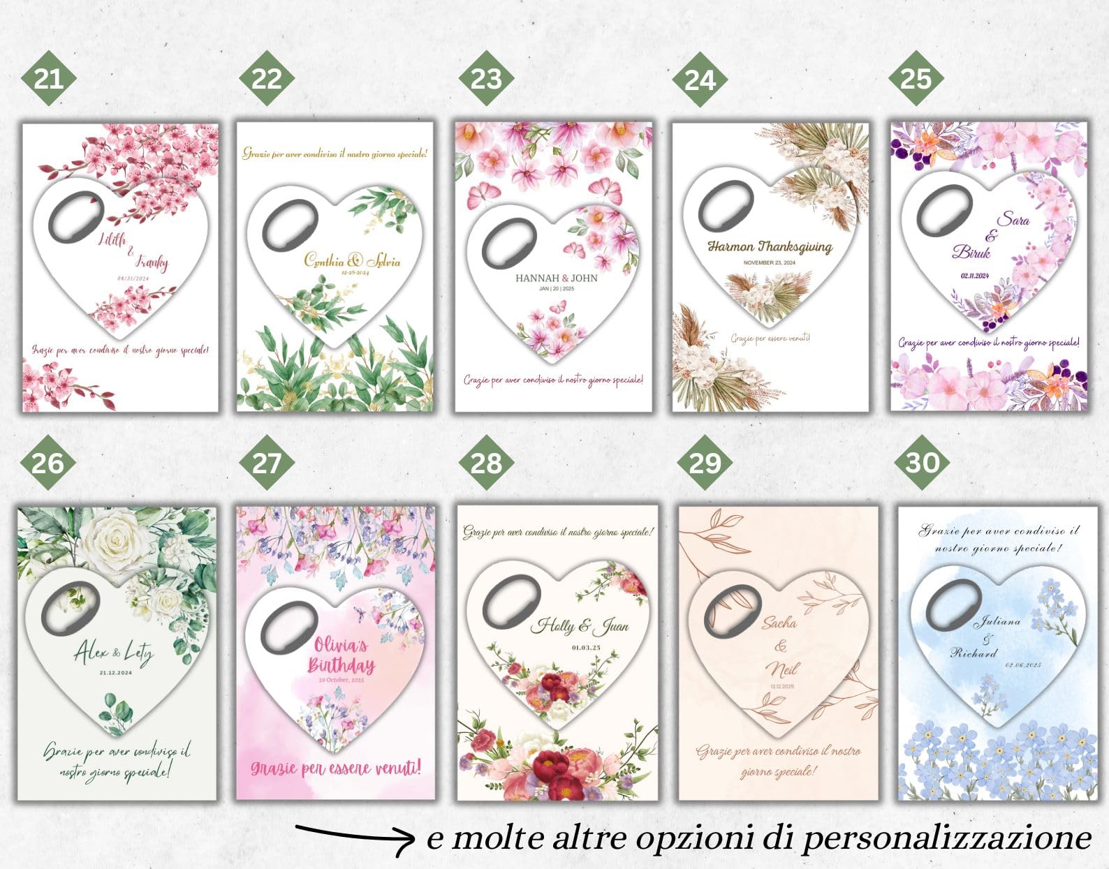 Bomboniere matrimonio personalizzate, calamita apribottiglie a forma di cuore con biglietto di ringraziamento, regalo per invitati e festa di (Apribottiglie + biglietto di ringraziamento)(Set da 30)