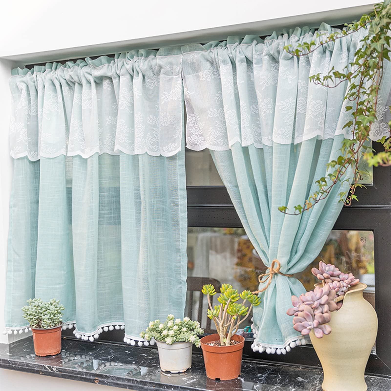 Rideaux de café demi-fenêtre W200xH200cm, double panneau occultant à passe-tringle