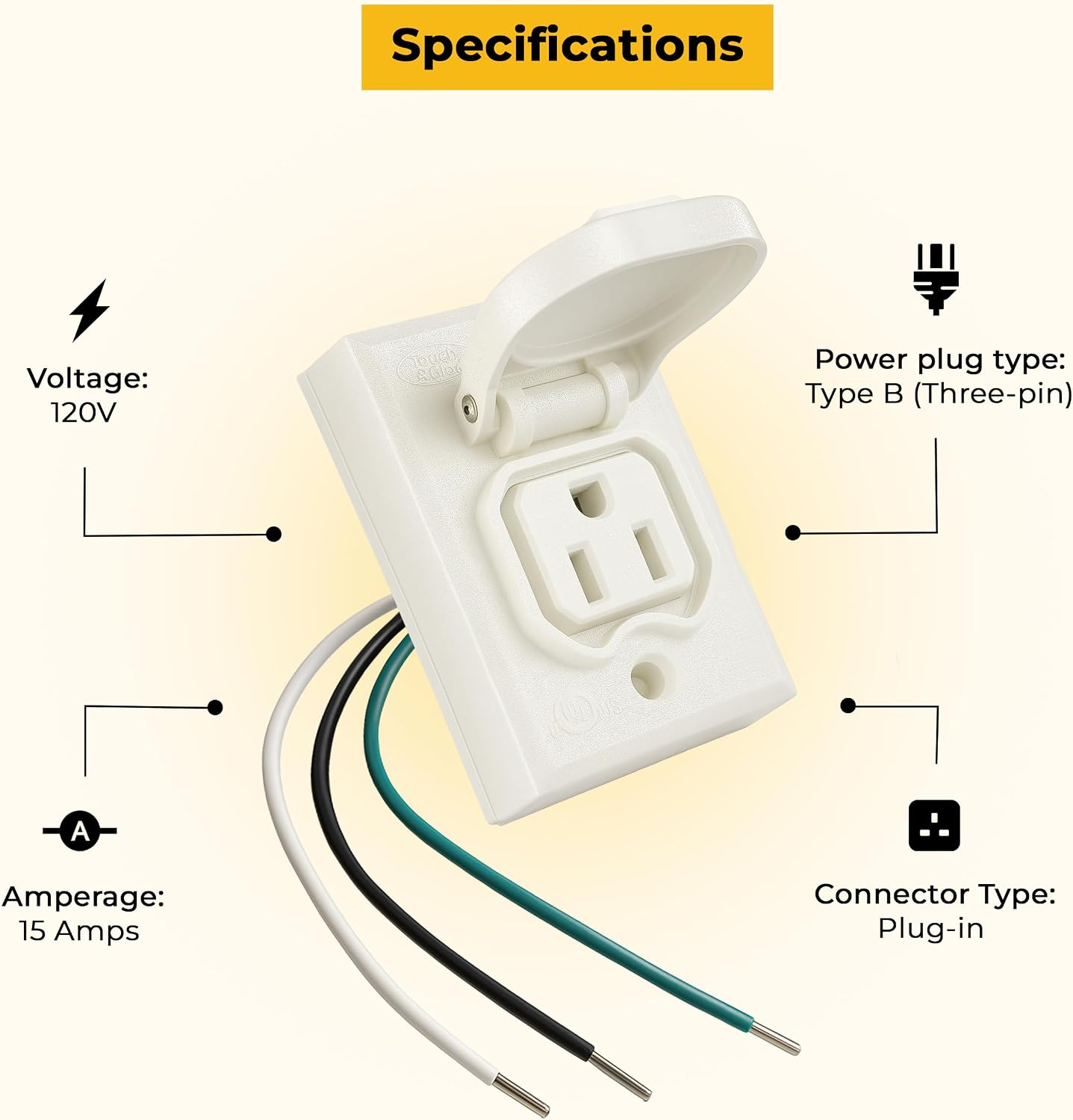 Touch & Glow Three Prong Grounded Outlet - 120V Plug Adapter - 15 Amp Power Outlet - Weather Resistant Electrical Socket for Outdoor Equipment & Lamp Posts - Safe & Reliable (EZ-682W, White)