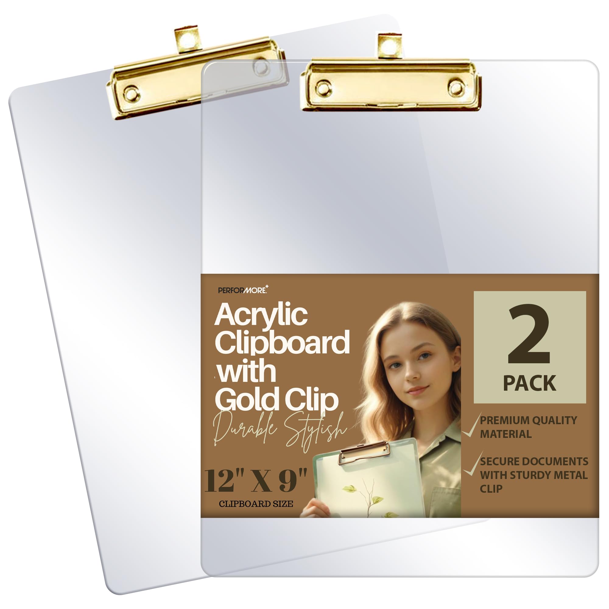 Performore Clear Acrylic Clipboard Set 2-Pack Thick Plastic Writing Boards with Gold Metal Clip 12x9 Heavy-Duty Transparent Clipboards for Office,