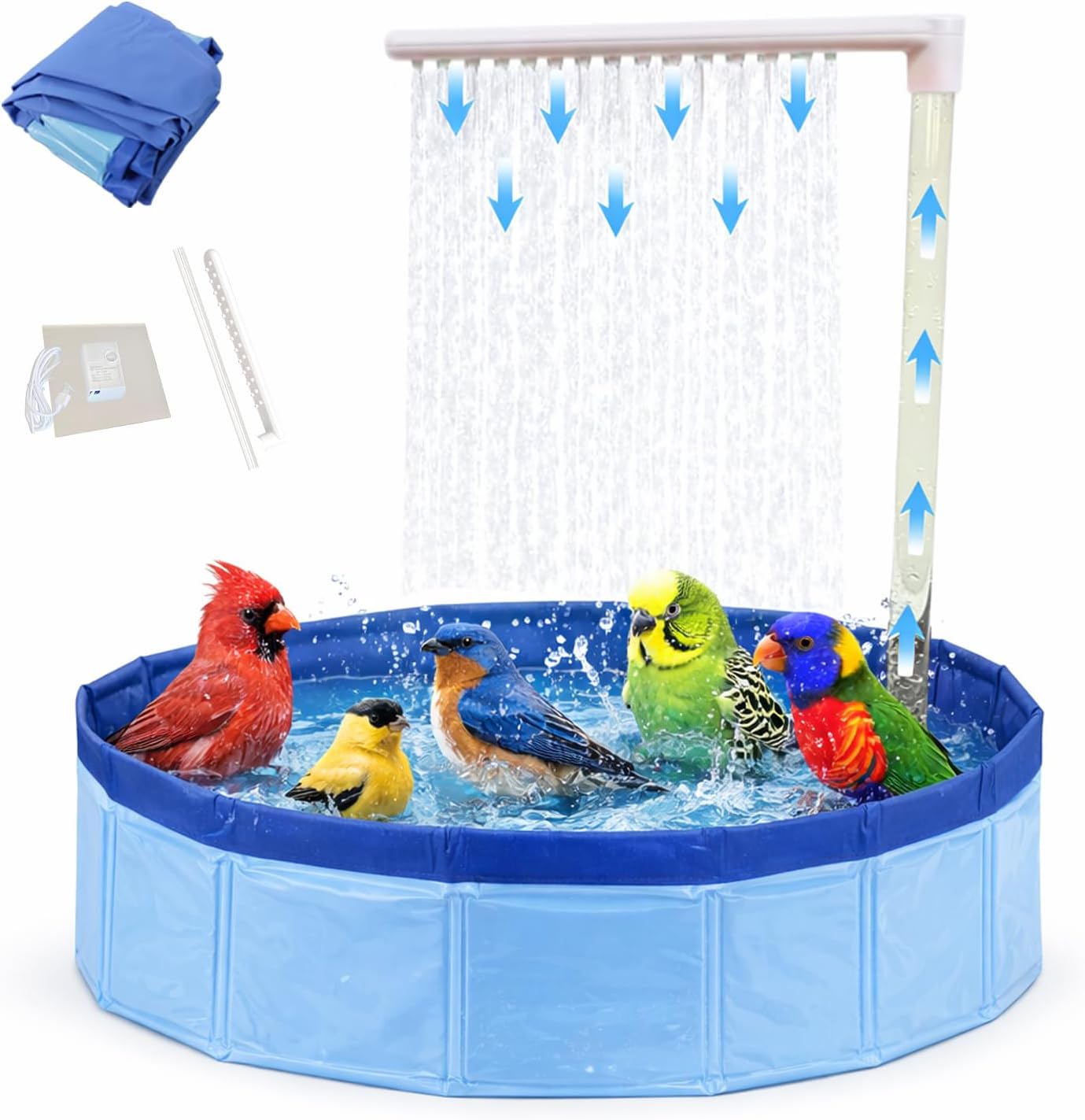 Automatic Bird Bath Shower, Portable Bird Bathtup for Outside & Parrot, Bathtub with Water Fountain & Pump for Parakeet, Parrot Pool with Shower and Water Circulator, Automatic Bird Bath