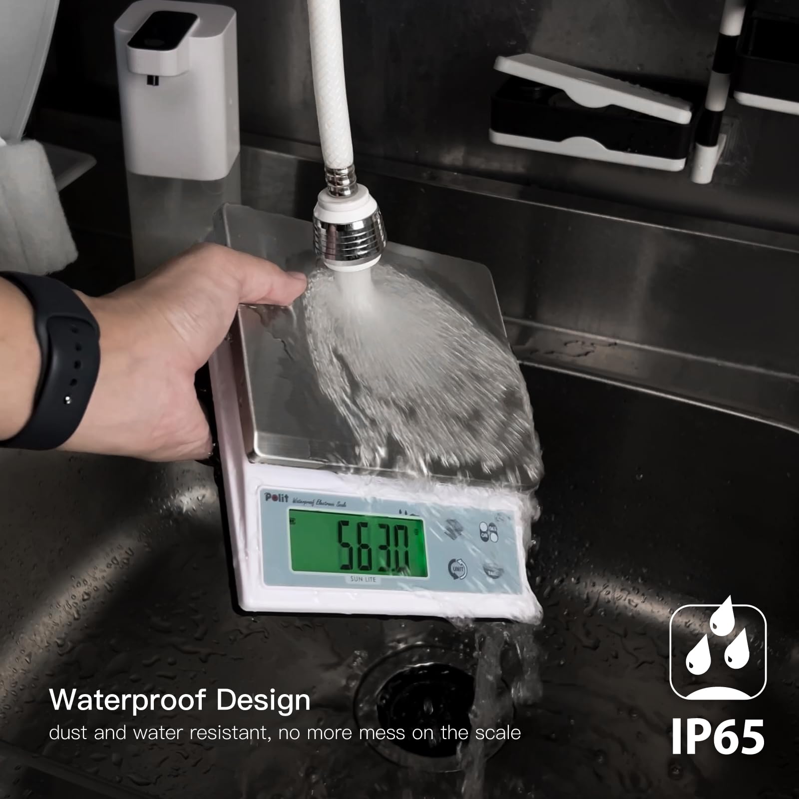 Polit Sun Lite - Báscula digital de cocina para alimentos, 3 kg, precisión de 1 g a 0,1 g, acero inoxidable impermeable con pantalla LCD, 5 unidades de peso (con adaptador de corriente)