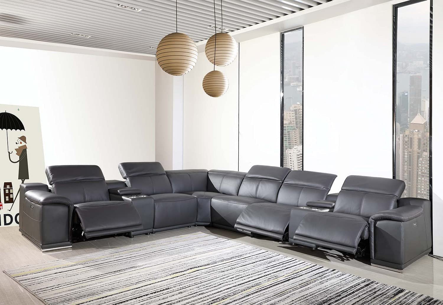 Blackjack Furniture Venice 8 Piece Top Grain Italian Leather Sectional Sofa with 3-Power Recliners, Adjustable Headrest, Lumbar Support, USB &amp; Wireless Charger, Large Storage, 2 Consoles, Gray