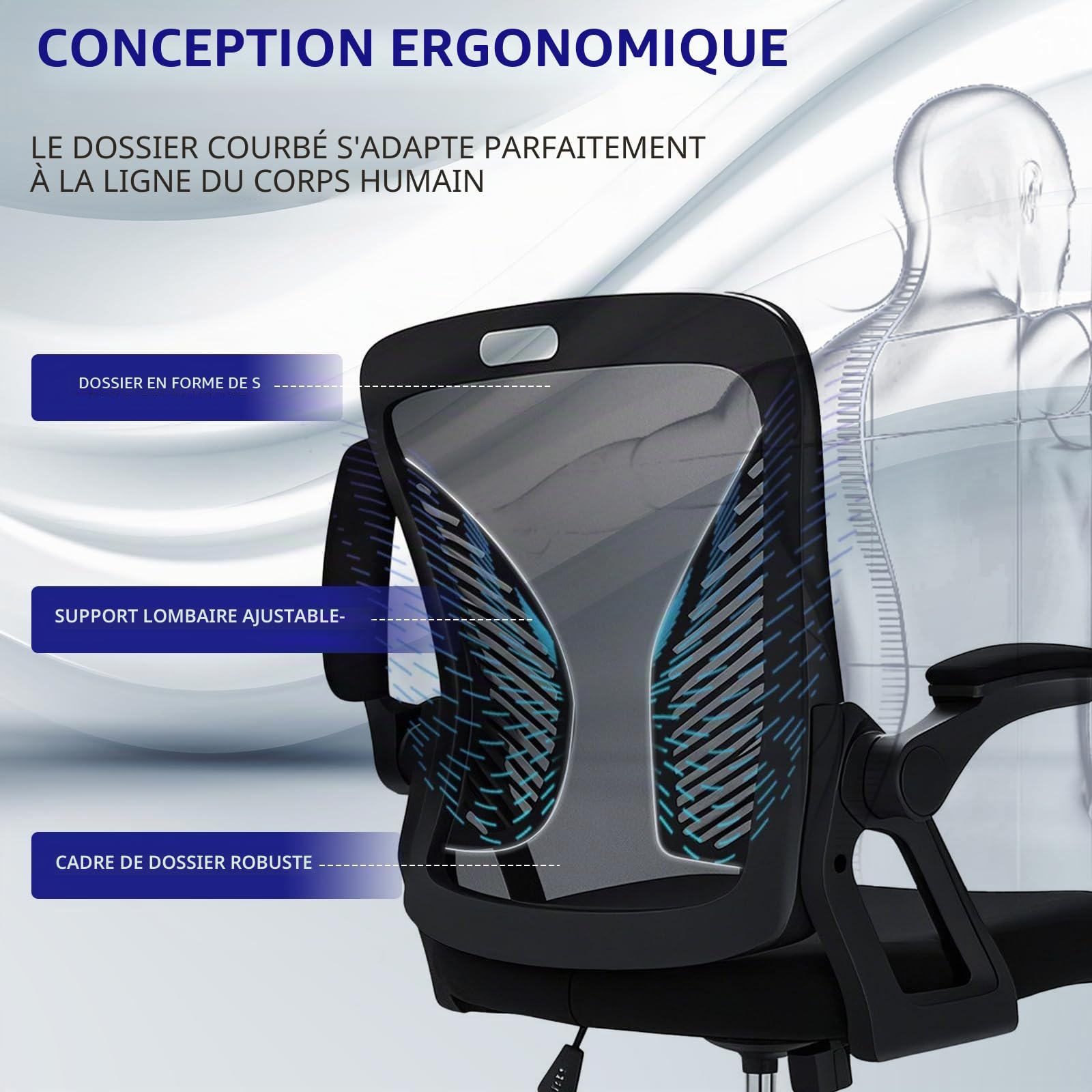 Milacyee Chaise de Bureau Ergonomique, Accoudoirs Rabattables 90°, Support Lombaire, Maille Respirante, 120° Inclinaison（Ne Peut Pas être verrouillé）, Roues Silencieuses 360°, Charge 102kg