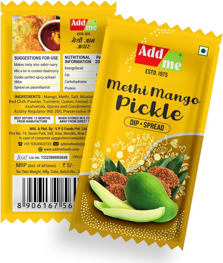 Add Me Methi Mango Pickle pouch for travelling, hotel, office, tiffin restaurant (Pack of 48) pouches 576gm in fresh indian aam ka achar