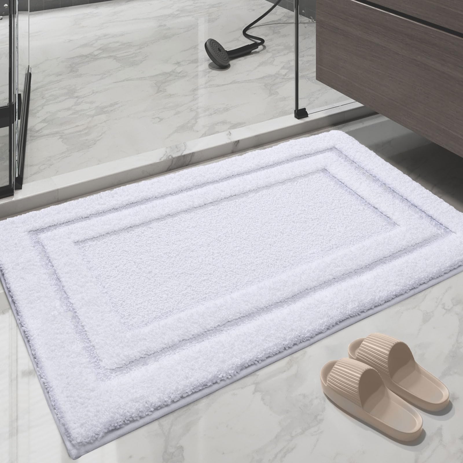 DEXIBathroom Rugs Bath Mat, Absorbent Soft Bath Rug for Bathroom, Non Slip Washable Bathmat Shower Mats, Bathroom Mat Carpet for Tub, Bath Room Floor 16"x24" White