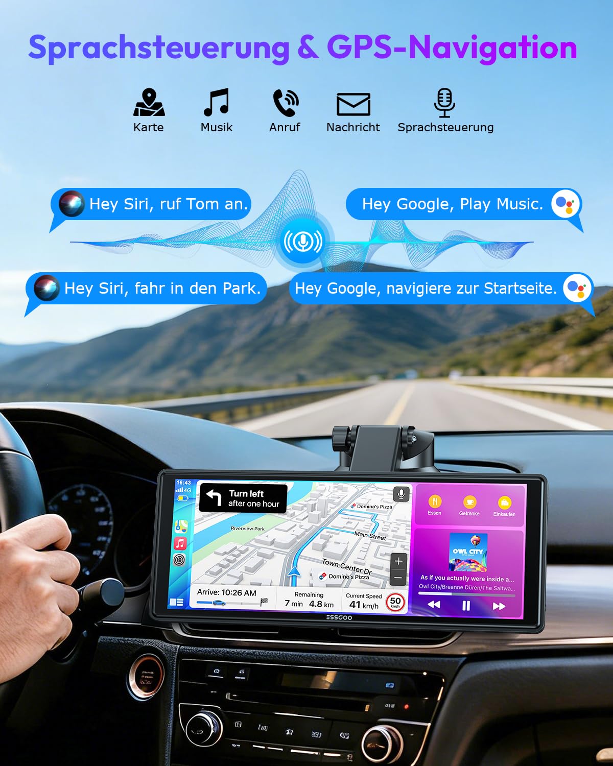 ESSGOO Carplay Android Auto Display mit Rückfahrkamera,10.26 Zoll Apple Carplay Bildschirm für Android Auto/AirPlay/Mirror Link,Wireless Touchscreen GPS Navigation,Bluetooth 5.3,AUX,FM,Sprachassistent