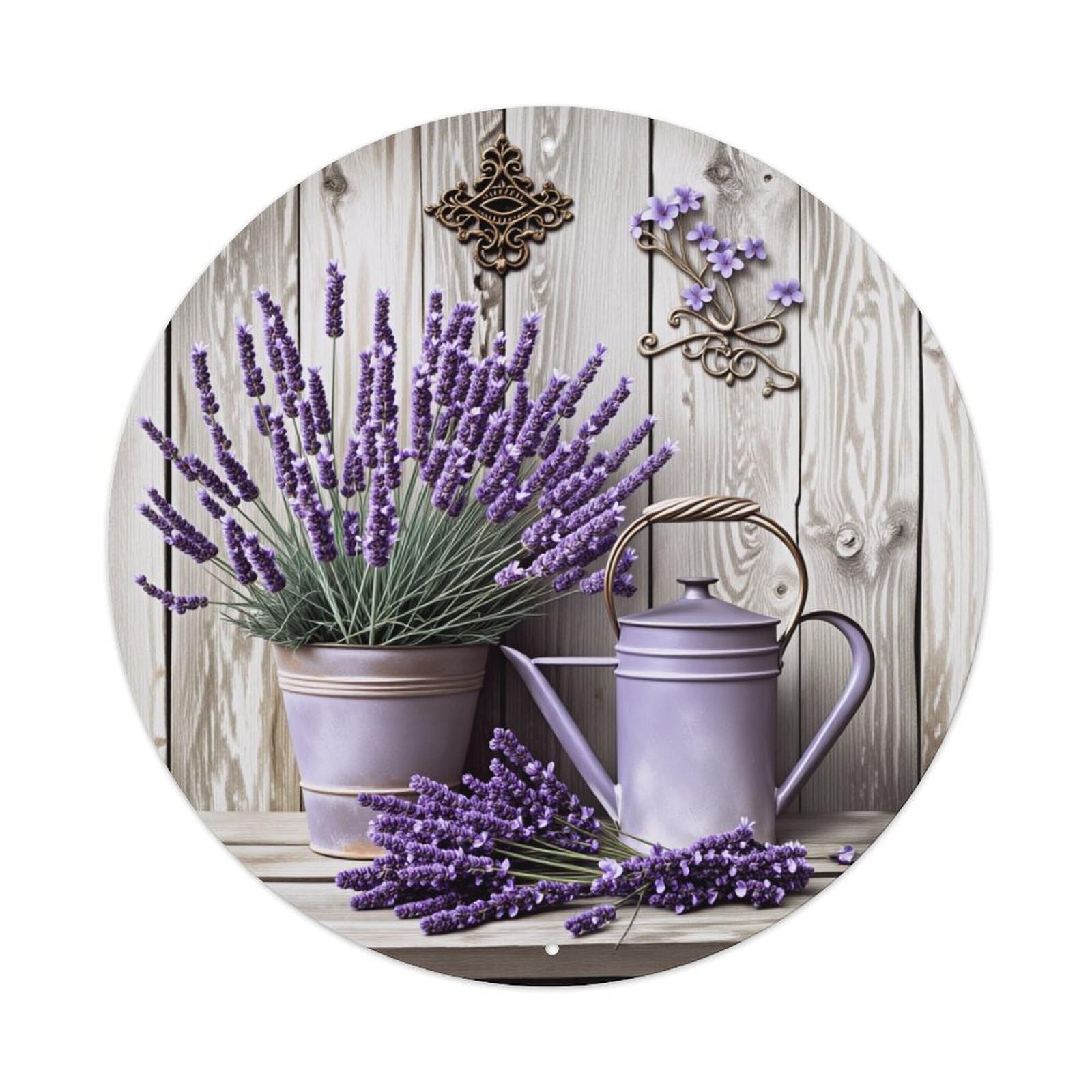Wmlzdnwr Vintage Lavender Flowers In Pot And Watering Can On Wooden Background Round Tin Sign,Retro Wall Art,Metal Poster For Home, Bar, Garage, Cafe, Rustic Indoor & Outdoor Decor, 8X8 Inches
