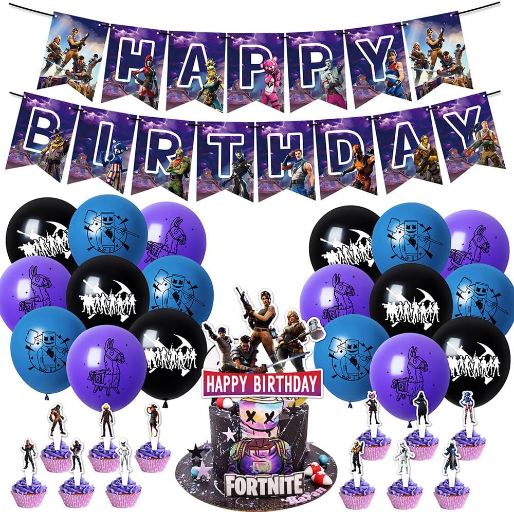 Gaming Birthday Decors - Happy Birthday Banner & Latex Balloons, Cake Toppers, Kids' Party Supplies