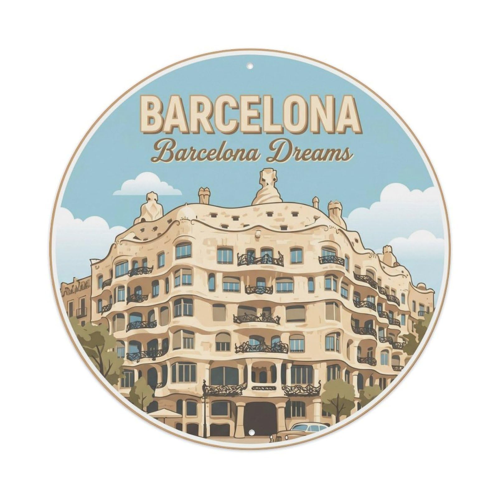 Barcelona Modernist Dream Landmark Vintage Spain Architecture Metal Tin Sign Plaque Wall Decor for Cafe, Man Cave, Club Bar, Office, Home Garden Round Metal Poster 8x8Inch