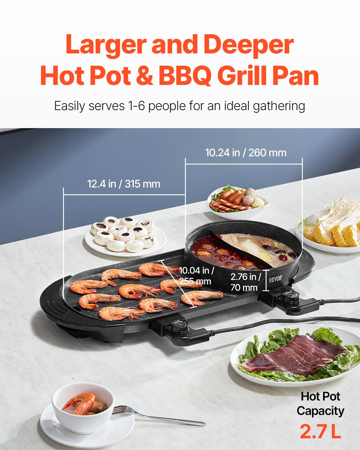 VEVOR Hot Pot mit Grill, 2200 W 2 in 1 elektrischer rauchfreier Grill und Hot Pot, koreanischer BBQ Shabu Feuertopf mit separater doppelter Temperaturregelung & antihaftbeschichteter Pfannen
