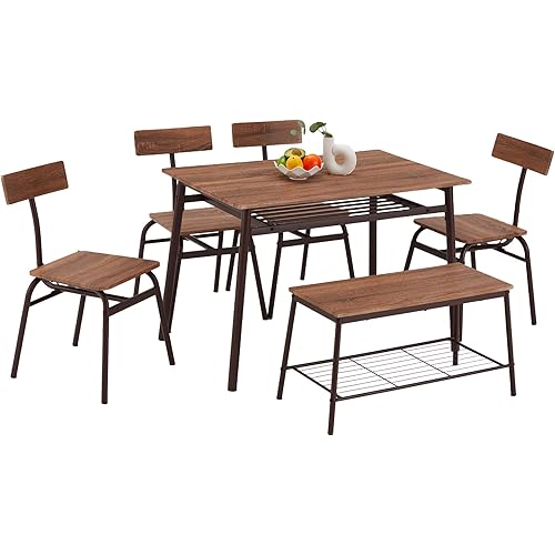 JOMEED 6 Piece Industrial Style Stainless Metal Frame Kitchen Dining Room Table, Chairs, & Bench Furniture Set with Storage, Brown