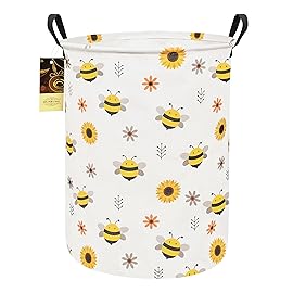 HUNRUNG Laundry Hamper,Large Canvas Fabric Lightweight Storage Basket Toy Organizer Dirty Clothes Collapsible Waterproof for College Dorms(Round-Bee)