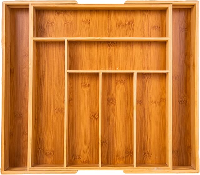 Klass Home Large Adjustable Cutlery Tray, Cutlery Drawer Organiser 6-8 Compartment Bamboo Kitchen Drawer Organiser 43cm x 33cm Expandable to 43cm (17") Utensil Drawer Organiser Rack Holder Tray
