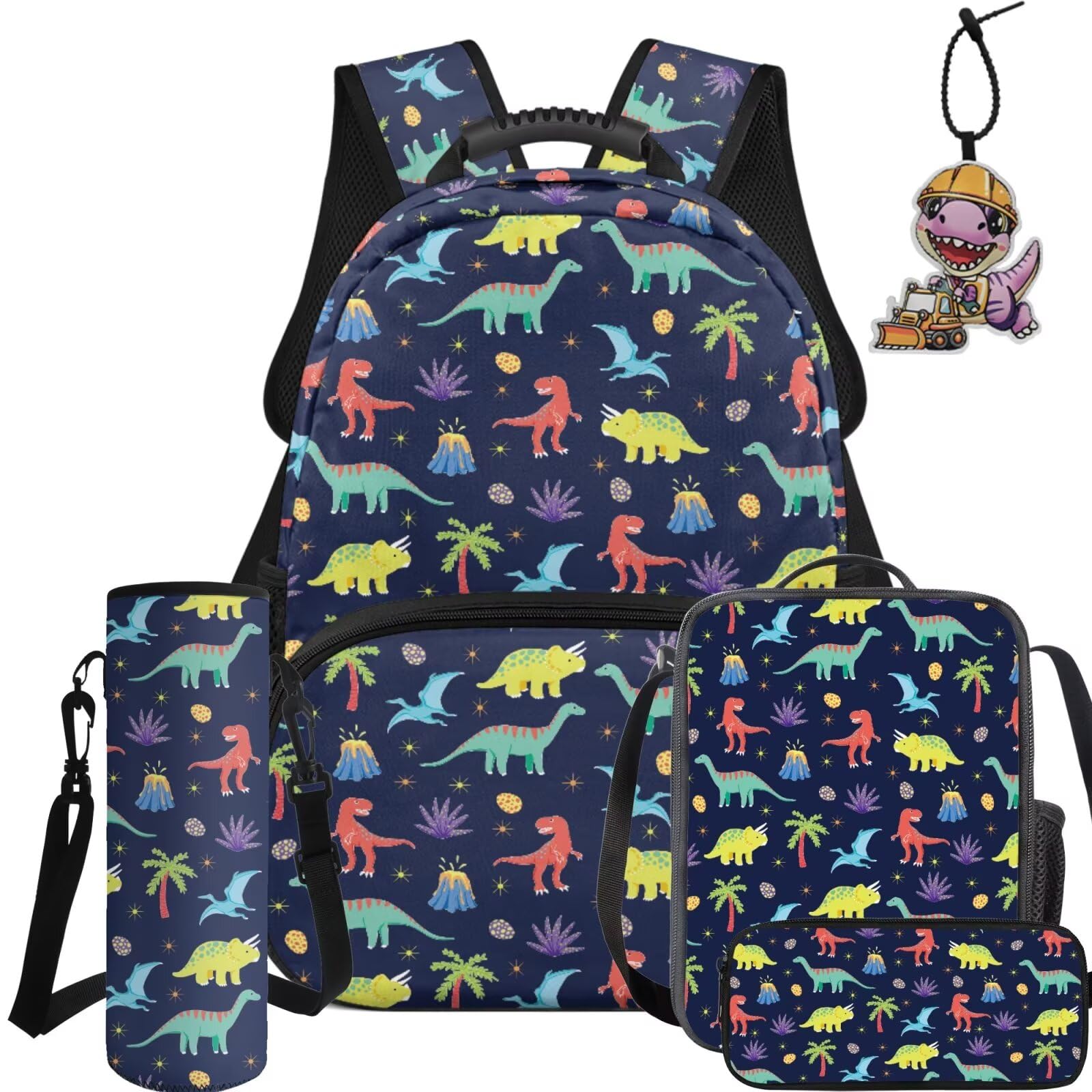 Zaino per bambini a forma di cartone animato per libri scolastici con borsa per il pranzo, astuccio per matite, custodia per bottiglie, portachiavi con ciondolo, set, Dinosauro cartone
