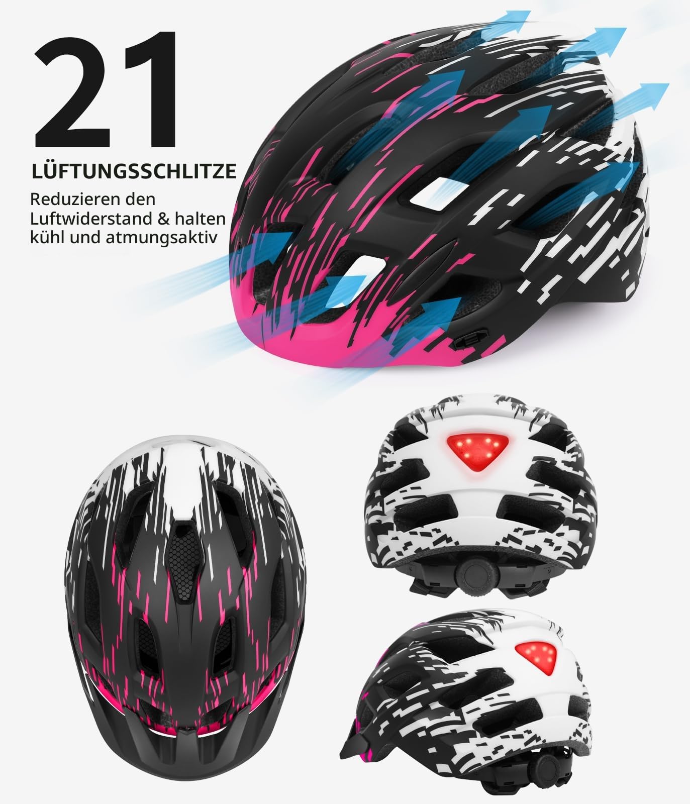 Fahrradhelm Erwachsene mit Visier und LED, 21 Belüftungsöffnungen, Fahrradhelm Damen, Mountain- und Rennradhelm für Herren und Damen, verstellbare Größe 57–61 cm