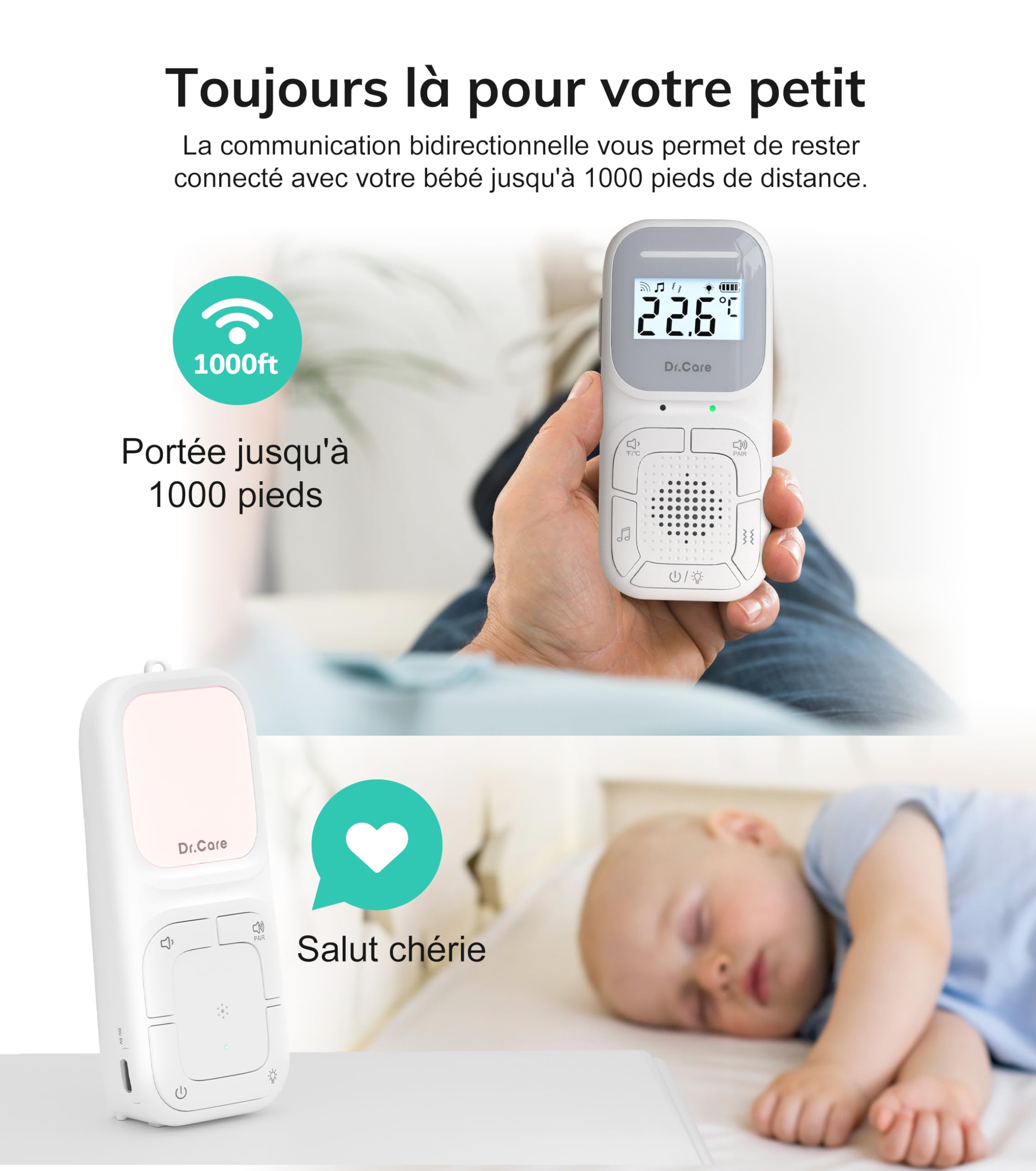 Dr.Care Neo Go Moniteur Audio Portable pour Bébé & Machine à Sons | Aide Sommeil, 300m Portée, Batterie Jour & Nuit, Clip Portable, VOX, Veilleuse, 8 Berceuses