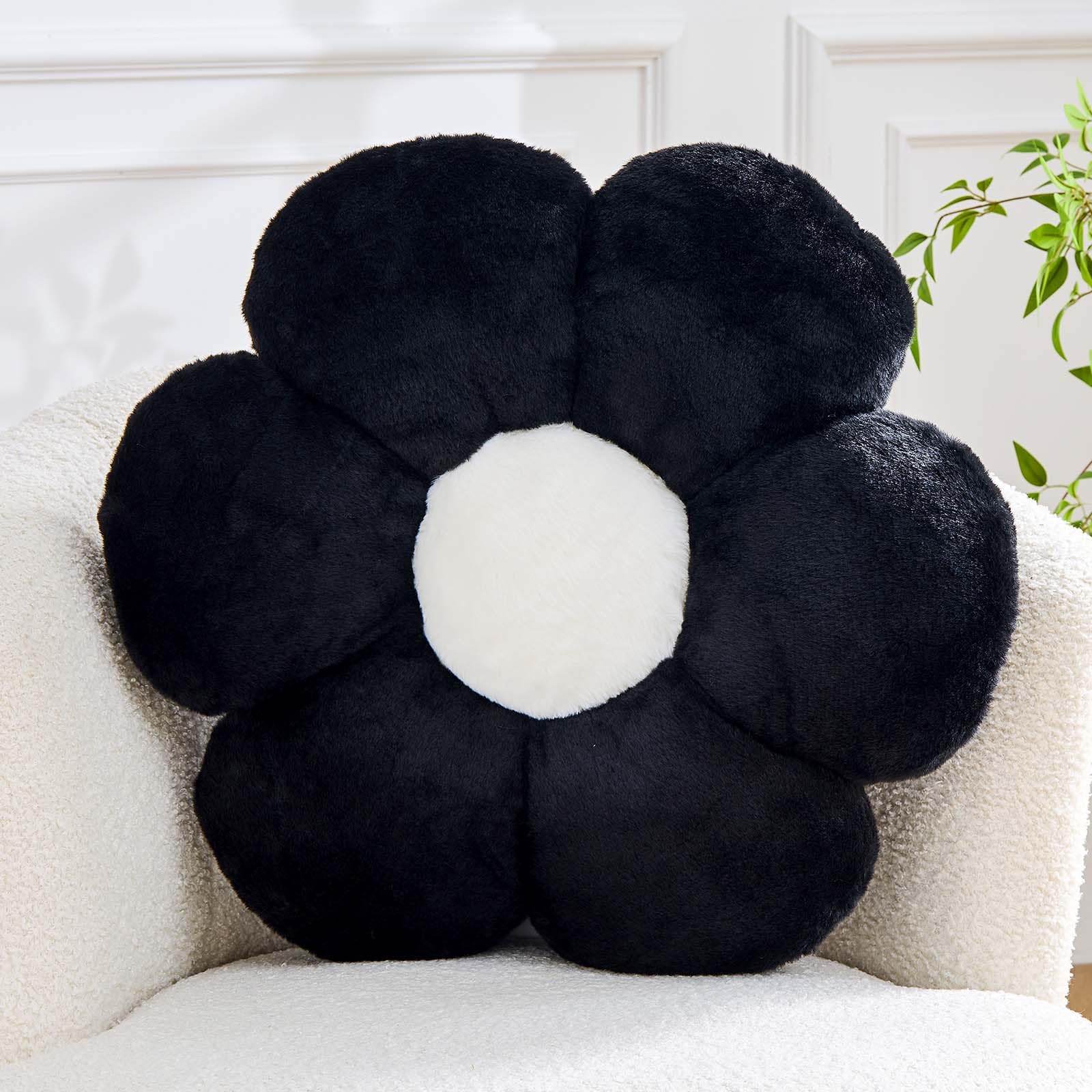 Kcvvcr Black Flower Pillow, Cute Decorative Flower Shaped Throw Pillow with Faux Rabbit Fur, 14.9" Soft Daisy Plush Floor Cushion Aesthetic Room Decor for Bed Sofa Couch