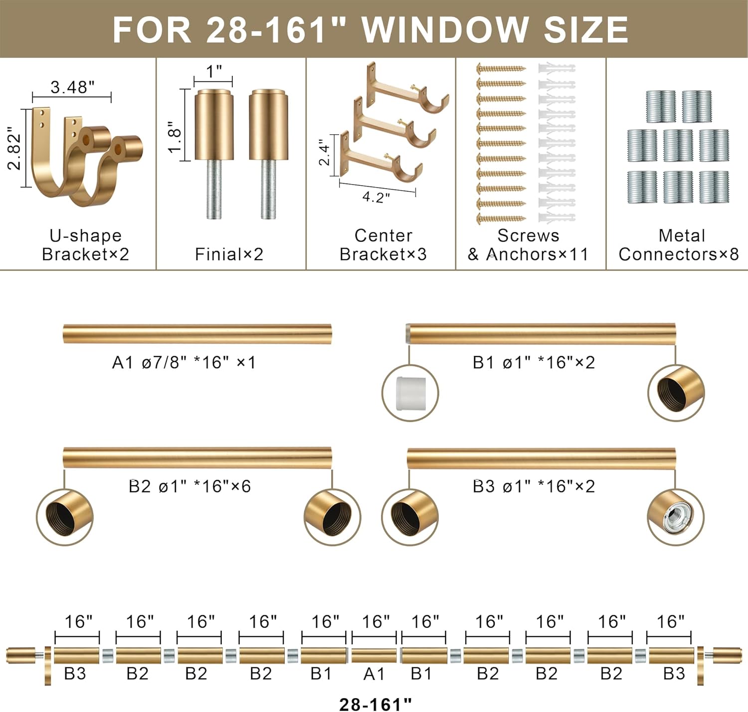 Curtain Rods for 28-161” Windows, Splicing Construction, 1” Adjustable Drapery Rod with Aluminum Alloy Brackets and Finials for Window, Sliding Door, Patio, Living Room Decoration, Brushed Gold