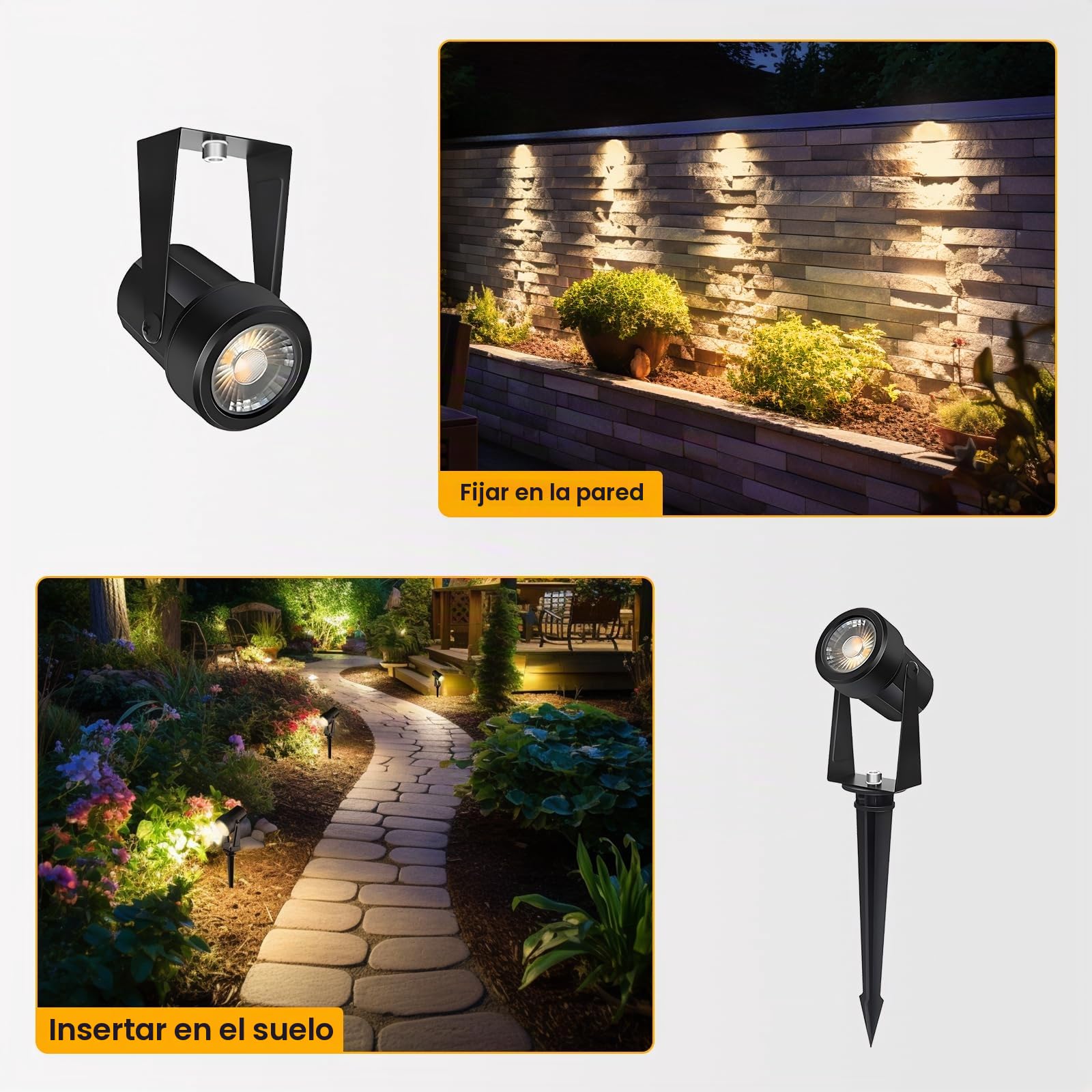 Svater Foco Proyector Exterior, 28m/92ft 8-in-1 2400LM 2W Focos Jardín 27V COB IP65 Impermeable Blanco Cálido con clavo de tierra para el patio del jardín Caminos Césped, Patios, Entrada de Vehículos