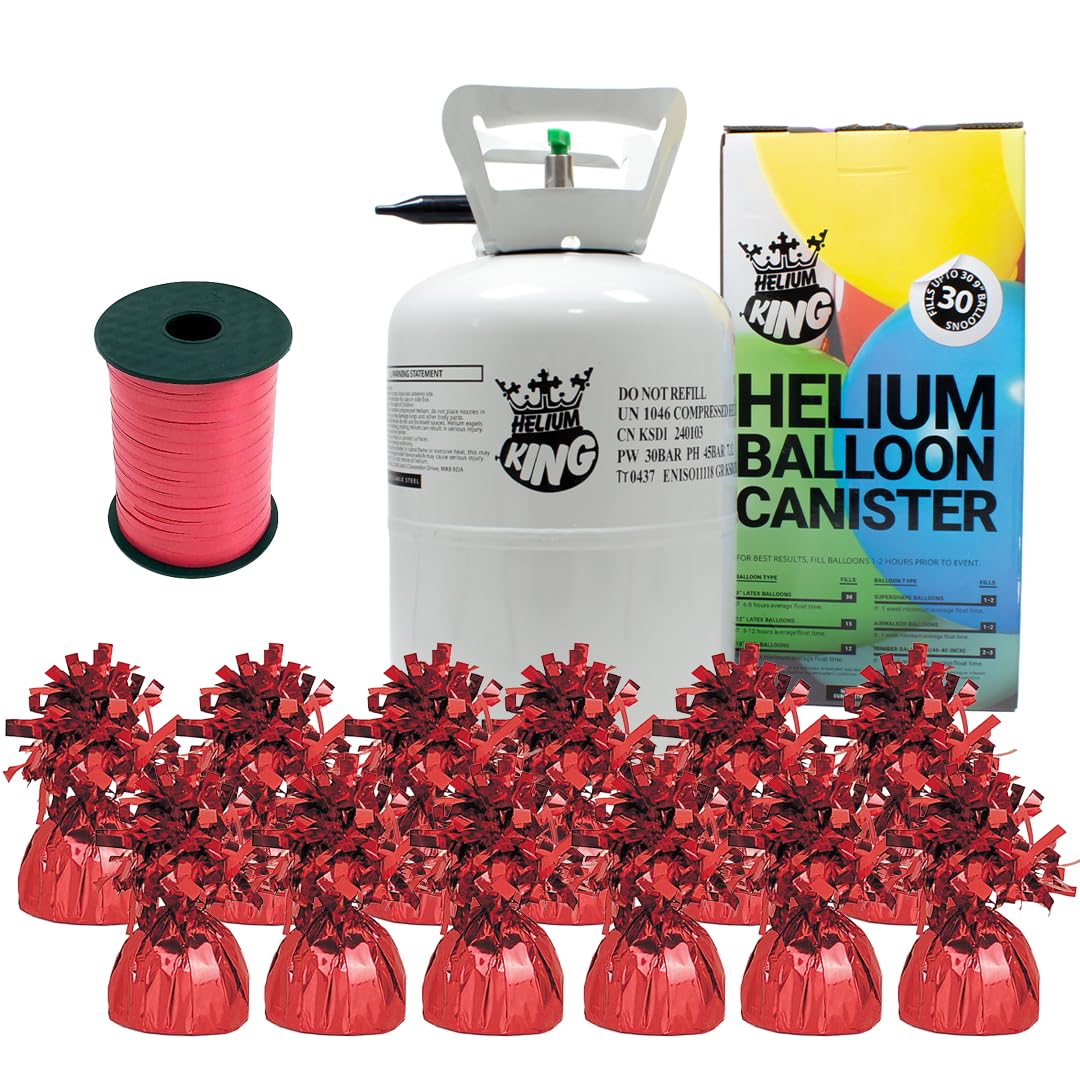 Small Helium Canister with Curling Ribbon and 6 Foil Balloon Weights (Red, Pack of 12 Weights)