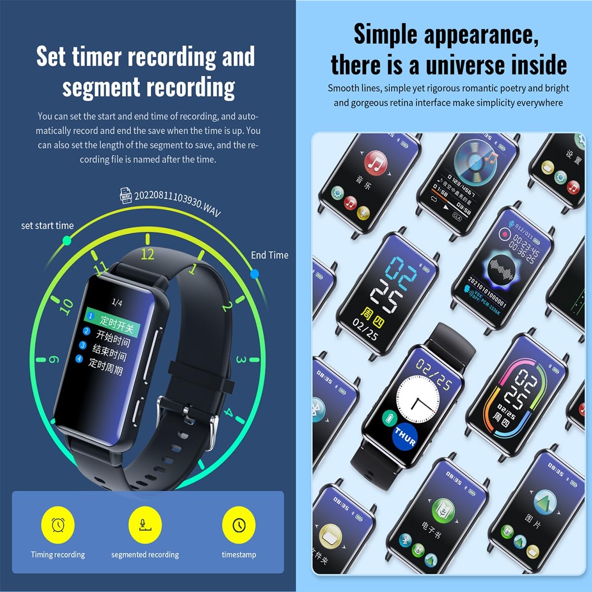 Digita Dyktafon Watch 32 GB, Bluetooth, przenośny dyktafon z funkcją odtwarzania i MP3, dyktafon z redukcją szumów, do nagrywania jednym dotknięciem, wykładów, spotkań, wywiadów, zajęć (rozmiar