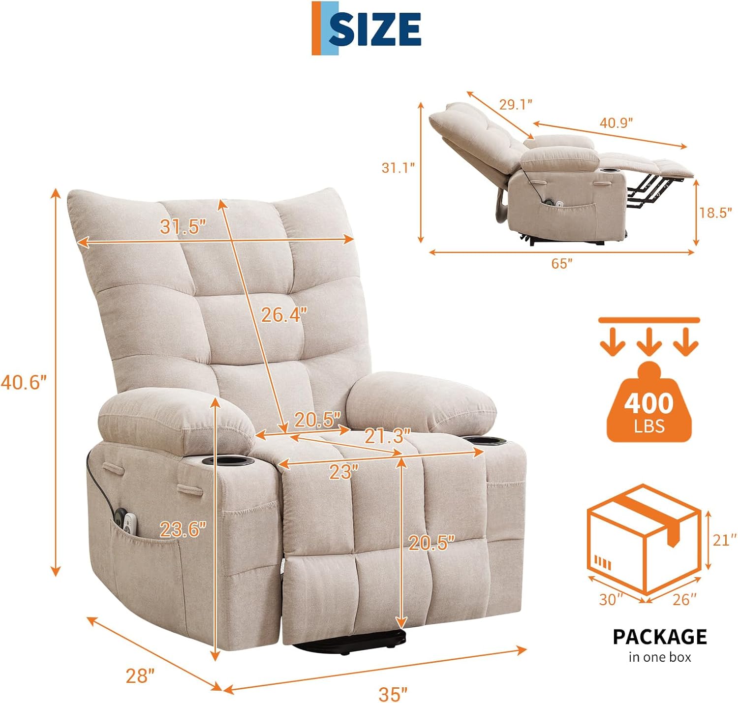 Power Lift Recliner Chair for Elderly,Oversized, 45° Assist Stand, Cup Holders & Side Pocket, Comfortable Upholstery,Perfect for Living Room or Bedroom,Linen Beige