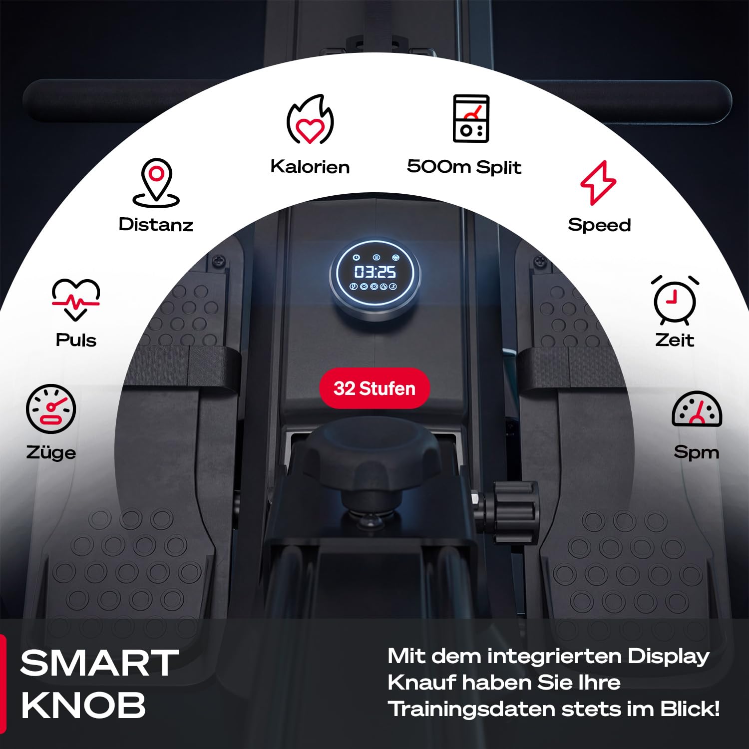 Sportstech sRow Lite Rudergerät für Zuhause klappbar, leises Magnetbremssystem, 24 Widerstandsstufen, LED-Knob-Display mit Feedback, Sportstech Live App, drehbarer Tablethalter, Rudermaschine