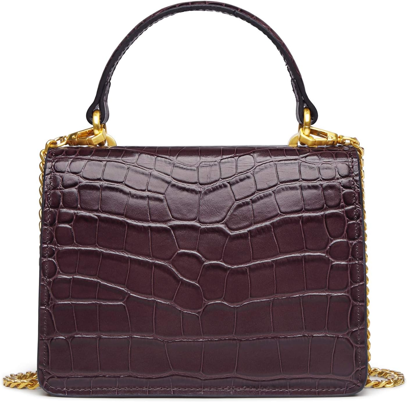 Croc Embossed Top Handle Handbag for Women Leather Mini Crossbody Purse with Gold Chain Strap Ring Closure Evening Bag | 7.3" L x 5.5" H, Croc Embossed, Genuine Leather
