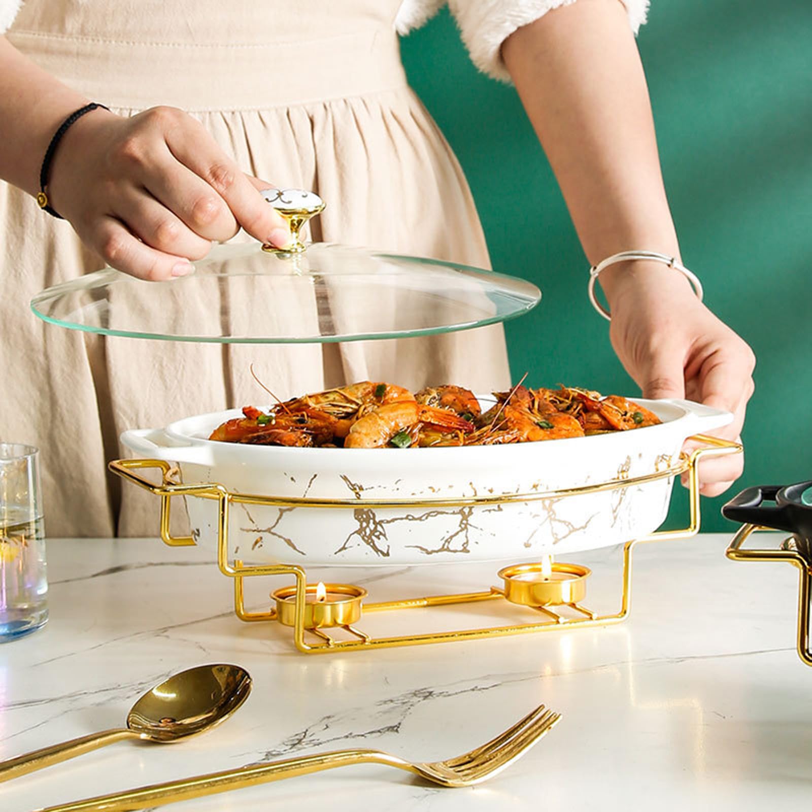 Chafing Dish Buffet Set, Chafer de cerámica con acabado de mármol de imitación, Chafer y Buffet Warmer Set para bodas buffet, fiestas, banquetes, eventos de catering (white,M)