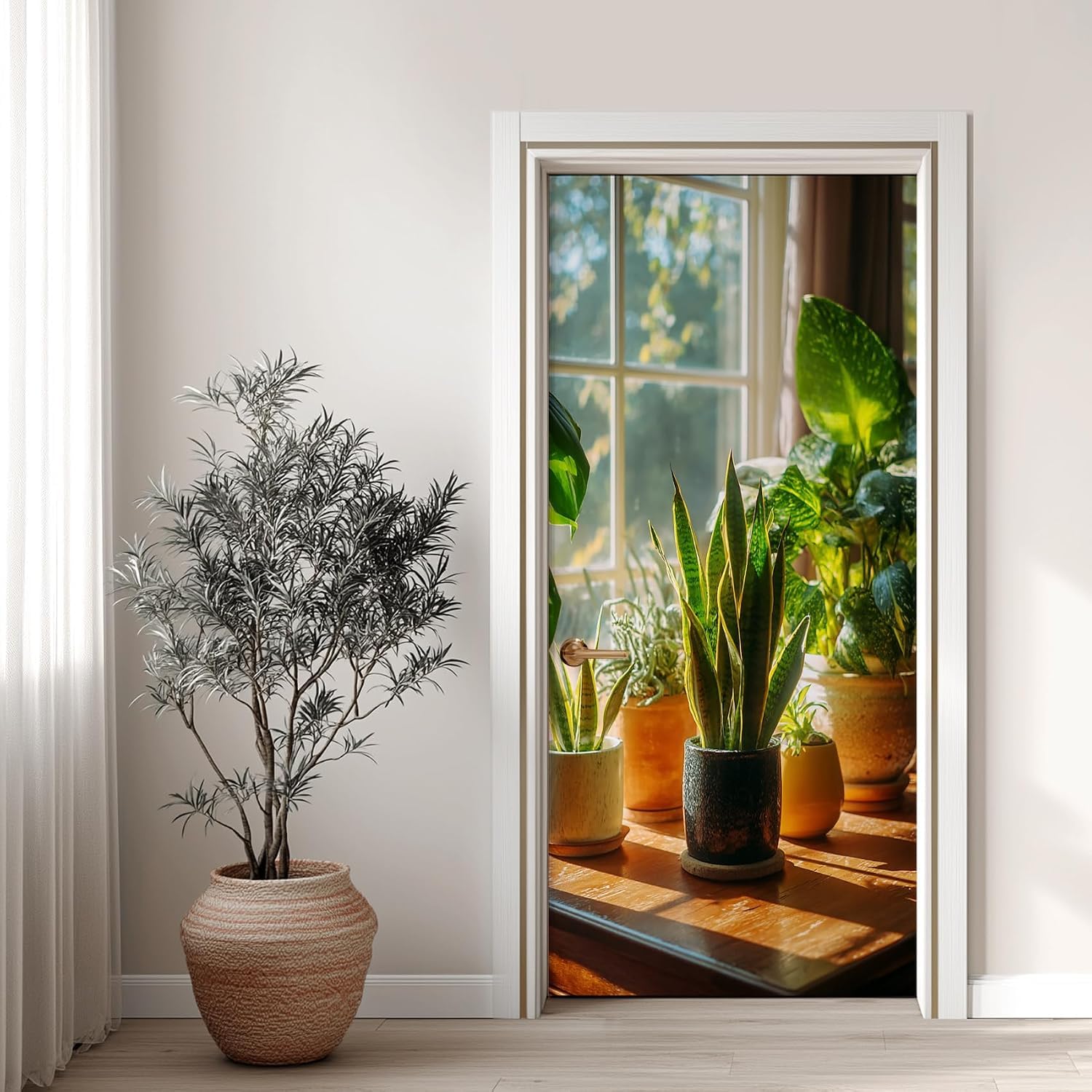 Sticker Porte Plantes Vertes, Stickers Porte Trompe L'oeil Plante en Pot Autocollant Poster Auto-Adhésif Art Décor Pour Chambre Salon Salle de Bain Papier Peint 95x215 cm