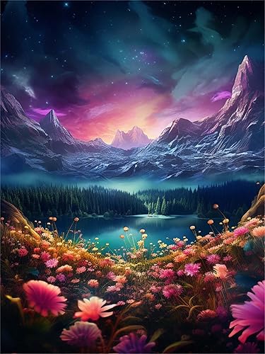 Joechie Kits de pintura de diamantes, kits de arte de diamantes Aurora Borealis para adultos, niños principiantes, pintura de paisaje de flores 5D,