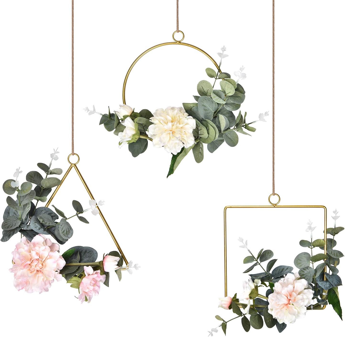 Dolicer Floral Hoop Wreath, Geometric Wire Round Triangle Square Hoop Frame of Artificial Peony Flower and Eucalyptus Vine Wreath for Wedding Backdrop Wall Garden Balcony Home Decor, 3 Pcs, White…