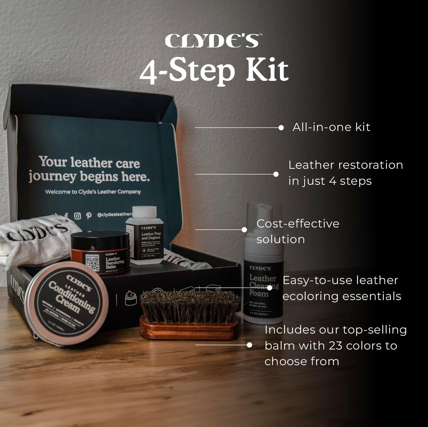 Clyde's™ 4-Step Leather Recoloring Kit | Includes Brush and Lint-Free Towels | Cleans, Restores, and Protects Your Leather - Image 2