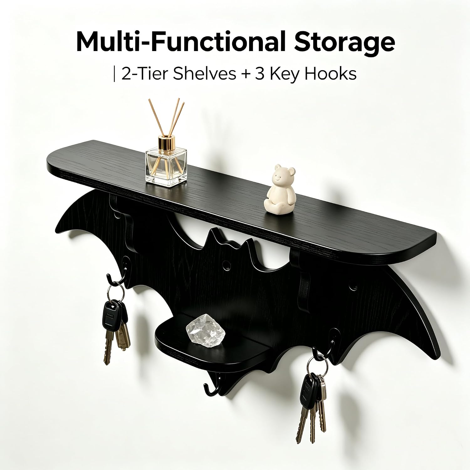 Goth bat wall Shelf，Floating Shell with 3 Hooks for wall Decor | Gothic Wooden Wall Basket, Black Storage Organizer for Living Room, Bedroom, Kitchen, Goth Room