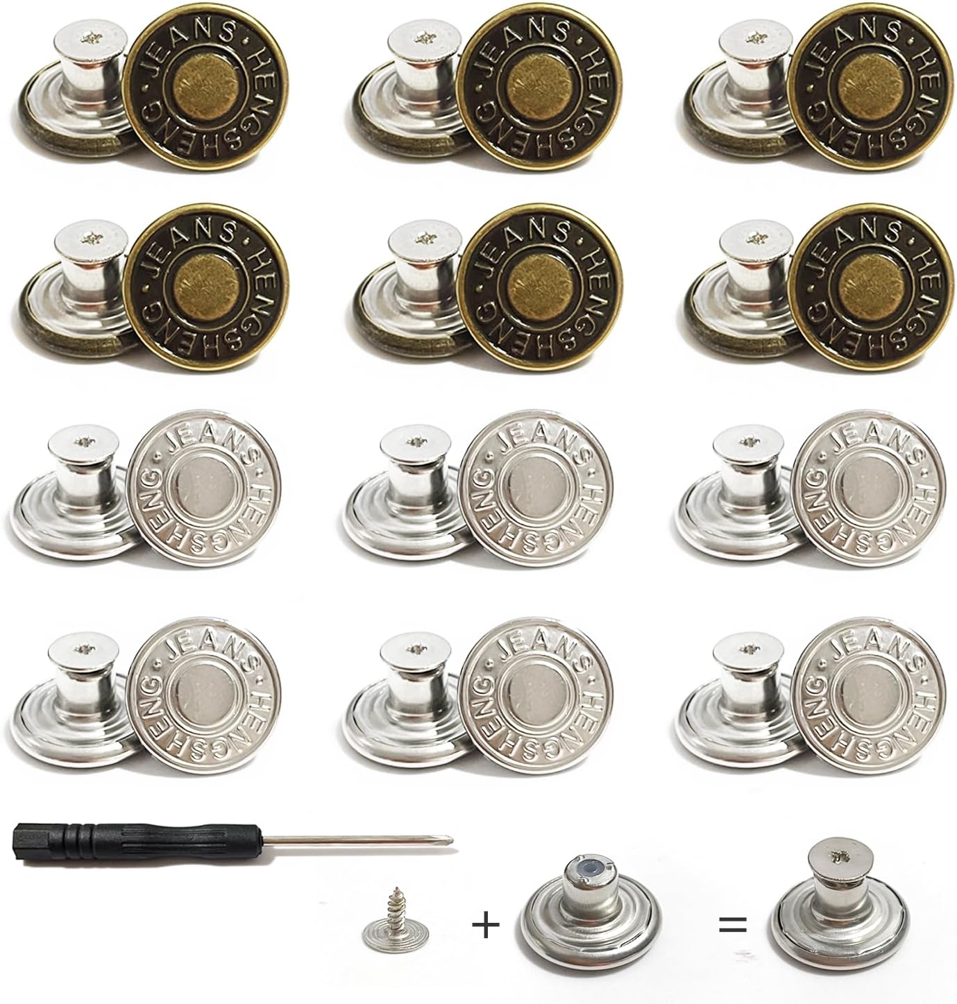 12 PCS Jean Buttons, 17mm No Sew Adjustable Jeans Buttons, Removable ...