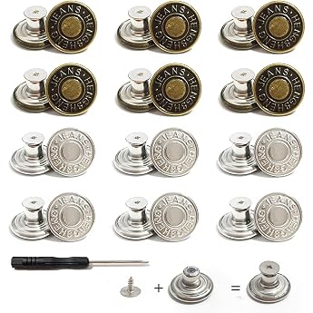 Pack of 12 Replacement Buttons Jeans Buttons Without Sewing 17 mm Button Adjustable Jeans Buttons with Screwdriver Removable Trousers Buttons for Jeans Clothing Bags Silver + Bronze