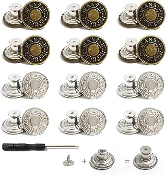 12 PCS Jean Buttons, 17mm No Sew Adjustable Jeans Buttons, Removable Metal Button with Screwdriver Replacement Jean Button, for Jeans, Pants, Bags, Denim Clothing Bronze+Silver
