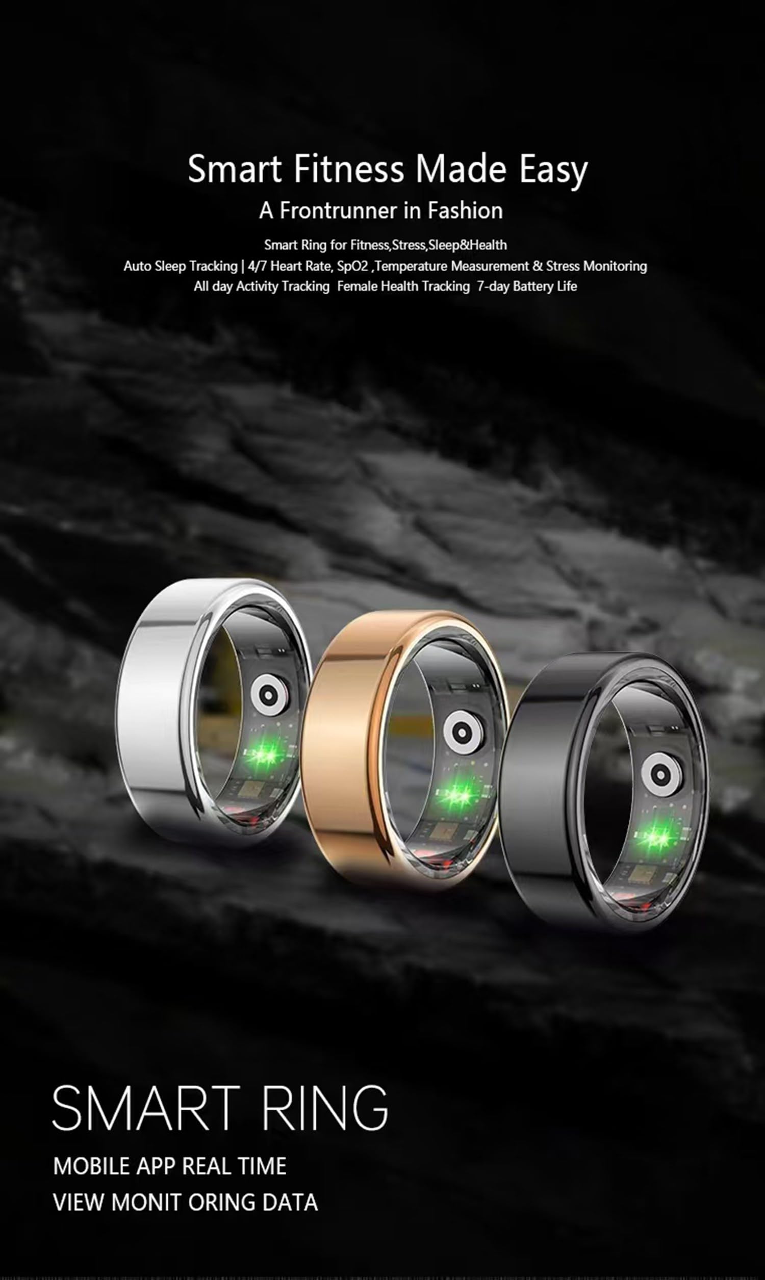 Anillo inteligente, anillo de salud Bluetooth para mujeres y hombres, resistente al agua, rastreador de fitness, monitor de frecuencia cardíaca, oxígeno y sangre, oro rosa #7