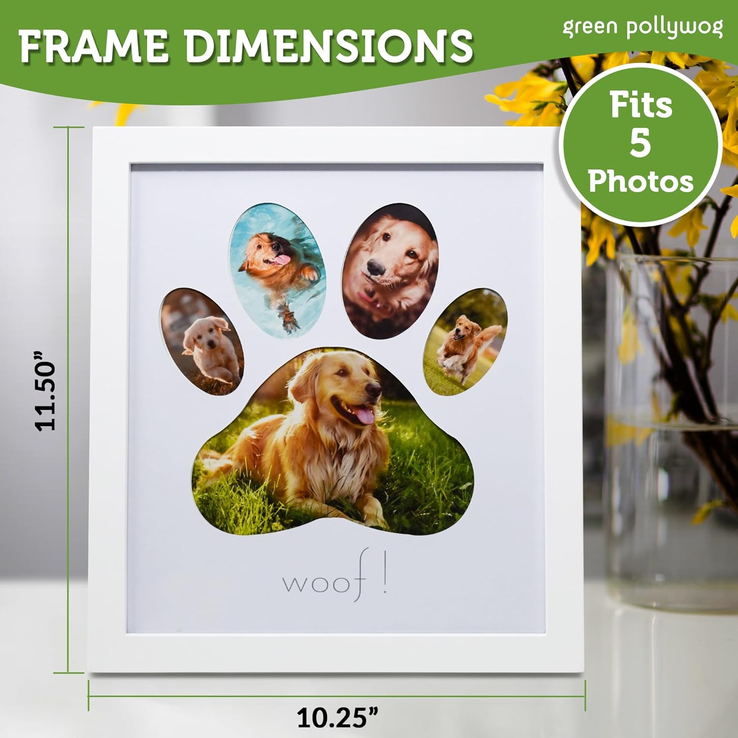 Green Pollywog 5-Opening Paw Print Collage Frame | Paw Print Picture Frame | Display for Photos for Pets | Dog Mom Gift | Dog Dad Collage | Pet Memorial Picture Gallery - Image 2