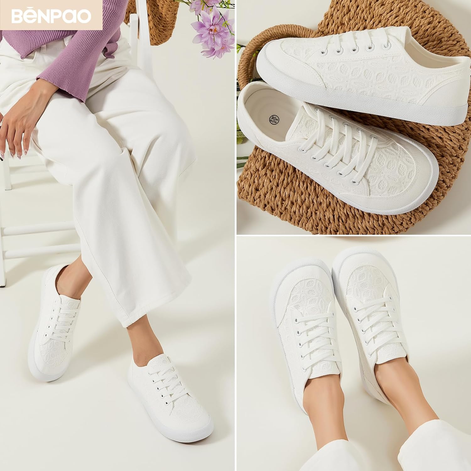 BENPAO Women's Barefoot Shoes Wide Toe Box White Canvas Casual Sneakers