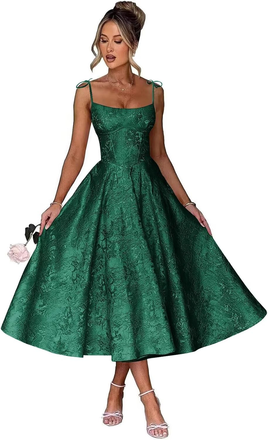 Satin Jacquard Tea Length Prom Dresses for Teens A Line Midi Formal Evening Party Gown 2026