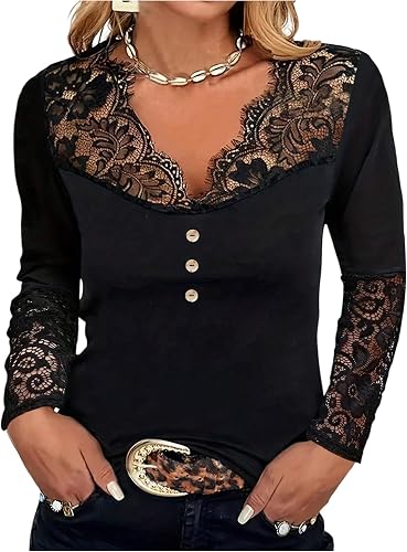 MakeMeChic Women's Plus Size Floral Lace Tops Elegant V Neck Button Long Sleeve 
