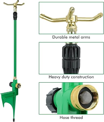 Miniatura 4 de RESTMO Aspersor de 3 brazos con base telescópica ajustable, rotación de 360 grados, aspersor de césped de gran altura para cobertura de área grande,