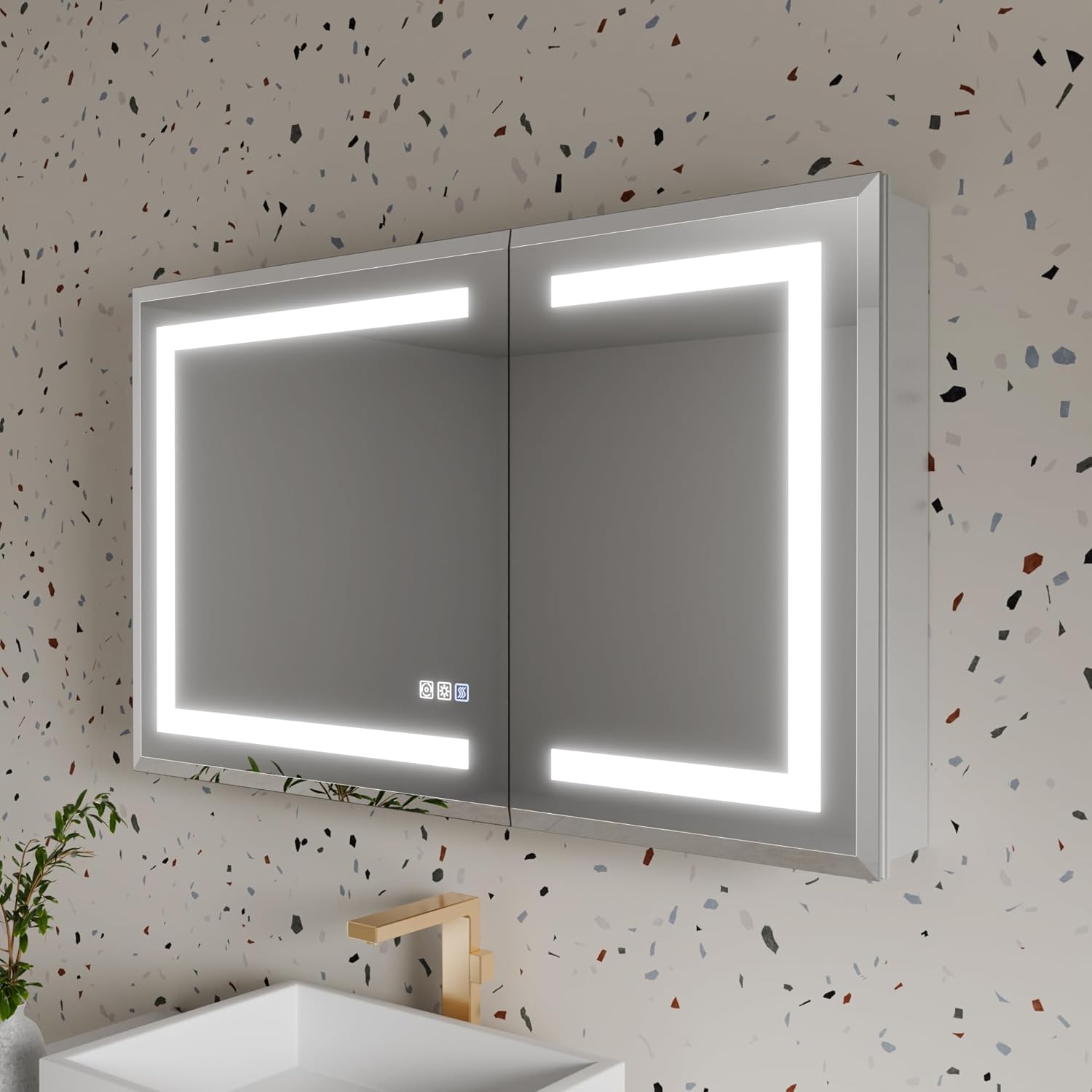 40" × 24" Double Doors Beveled Edge Lighted Medicine Cabinet, 60-Min Auto Defogger, DTC Soft-Close Hinges, Adjustable Glass Shelf, Hidden Handle, Dual LED, Backlit Mirror, Silver