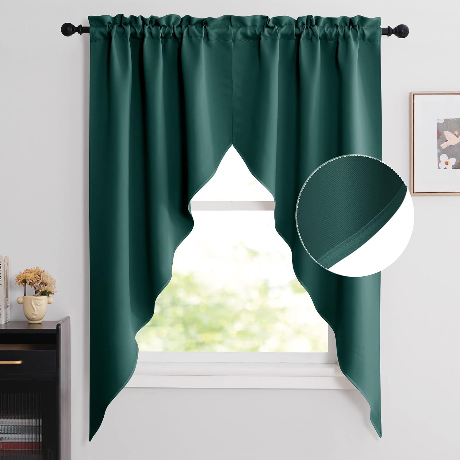 NICETOWN Blackout Home Decor Tier Curtains - Tailored Scalloped Valance/Swags Window Decoration Topper Curtains for Living Room/Bow Window (2 PCs, W36 X L63 inches Each, Hunter Green)